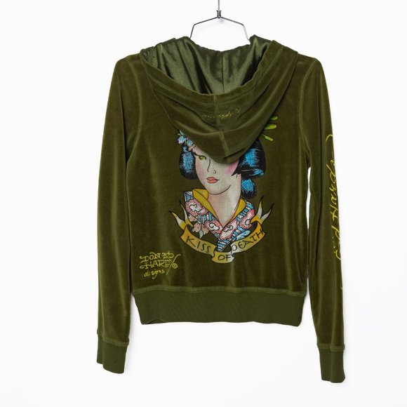 SOLD - Vintage Early 2000s Ed Hardy Green Velour Geisha Tracksuit - Size XS - Picture 5 of 16